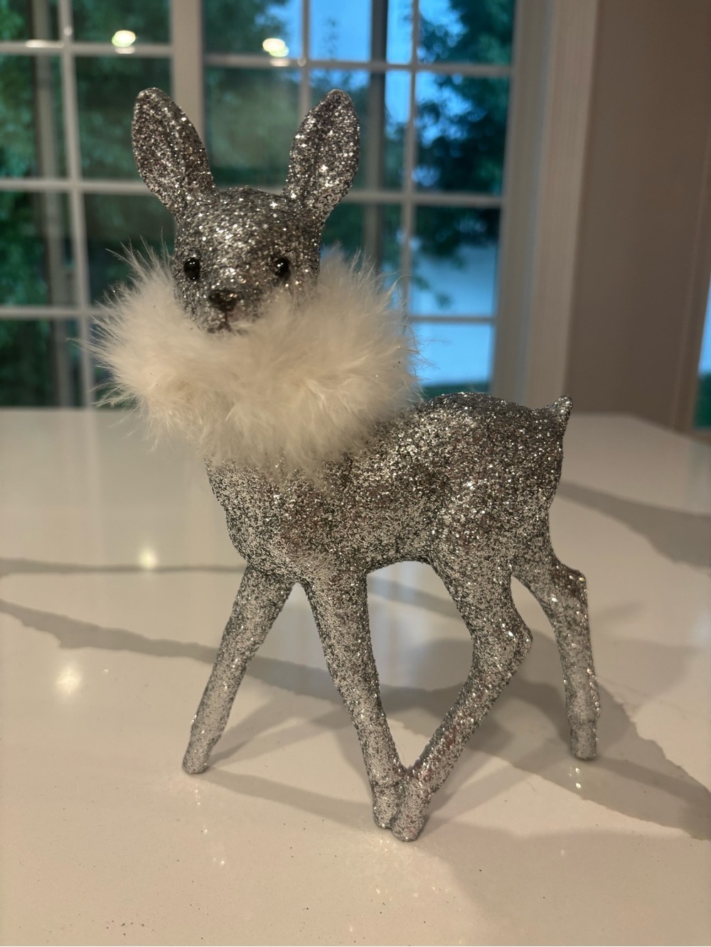 Silver Glitter Deer Figurine with White Faux Fur Collar… 5x7 Inches